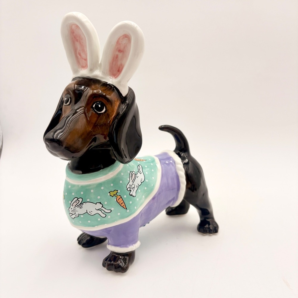 Blue Sky Ceramic Dachshund Dog Figurine Doxie Easter Bunny Ears Purple Sweater
